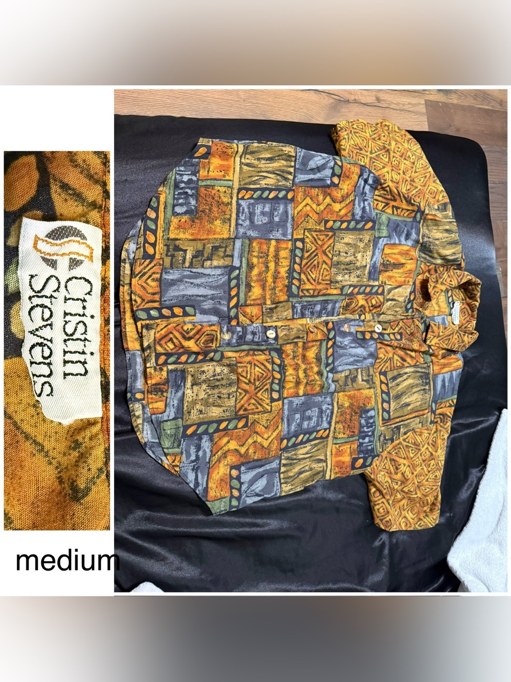 Cristin Stevens Vintage Geometric Patchwork Button-Up Shirt in Mustard & Blue